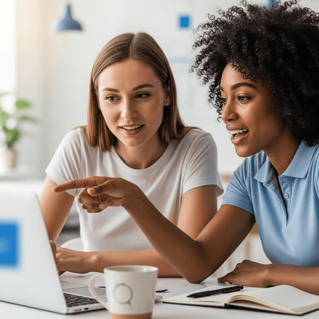 Equipe reunida em volta de um notebook numa sala clara.